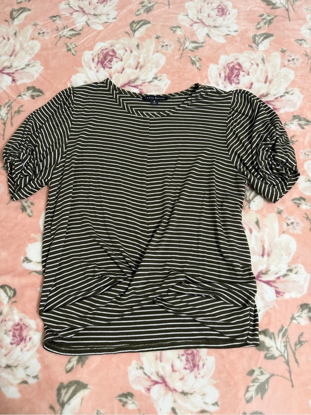 Love, Fire Striped Short Sleeve Top in Olive & White